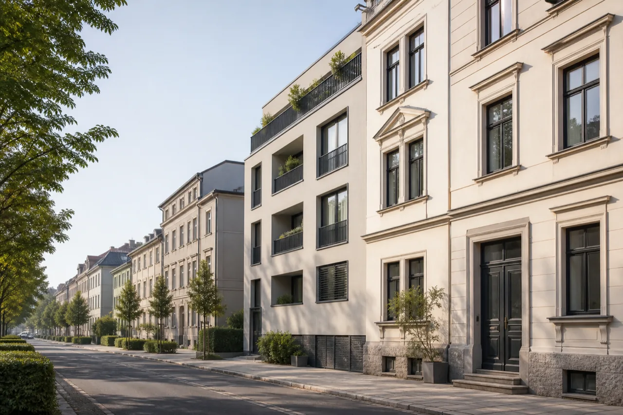 KI-Musterbild einer allgemeinen Erfurter Wohnstraße; keine Aufnahme eines angebotenen Objekts